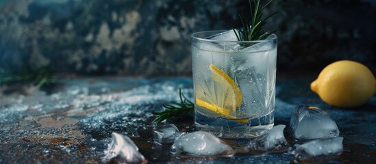 Aufkleber - Dark rustic style featuring a gin and tonic with ice lemon zest and rosemary ideal for a drink concept with ample copy space image