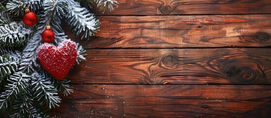 Canvas Print - Top view of a Christmas tree branch covered in snow adorned with a heart ornament placed on a wooden table complete with copy space image