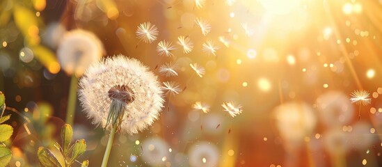 Fototapete - Close up copy space image of a dandelion with seeds in a garden