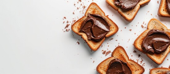 Poster - Bengali slice bread with chocolate spread displayed in a flatlay image on a white background with available copy space