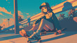 © Ren - Chilling outdoors, a cute skater woman in a rap pose, shown in Japanese anime style.