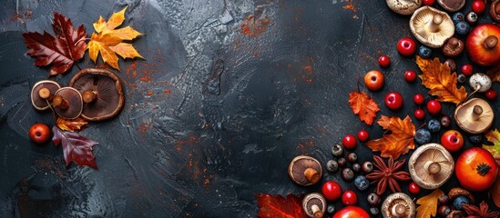 Aufkleber - Aerial view of autumnal fruits mushrooms and vibrant leaves with copy space image