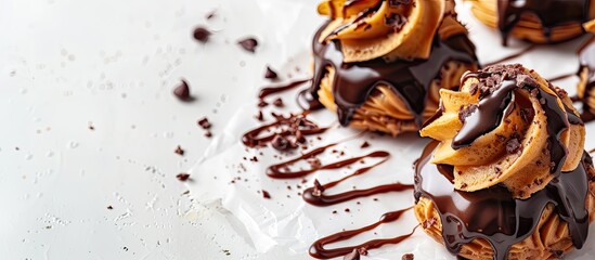 Poster - Close up of homemade profiterole or eclair desserts on a white background with copy space image