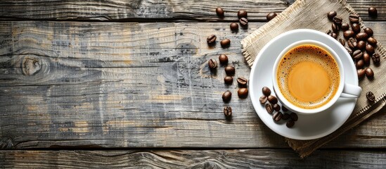 Aufkleber - Top view of a cup of coffee with coffee beans on a rustic wooden table featuring a visually appealing and versatile copy space image