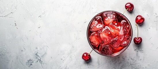 Poster - Cherry cocktail with ice on a light surface seen from above featuring a spacious area for text or images copy space image