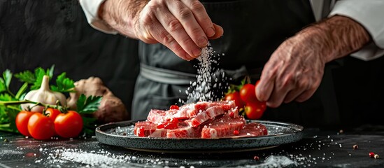Poster - A chef adds salt to sliced meat and vegetables on a plate before serving with the food preparation theme against a black background Copy space image