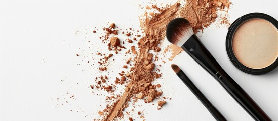 Poster - Cosmetics like a makeup brush and face powder displayed on a white background with ample copy space image