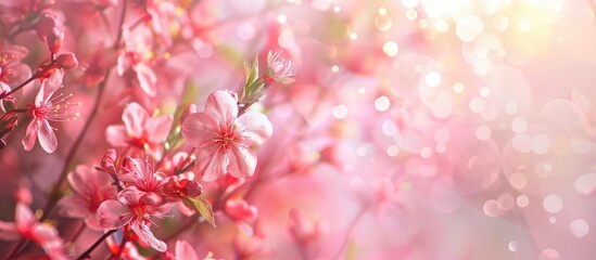 Fototapete - Background of blooming spring flowers with copy space image