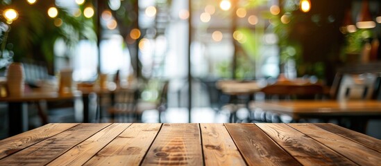 Aufkleber - Blurry cafe interior with a vacant wooden table providing ample copy space image for design work