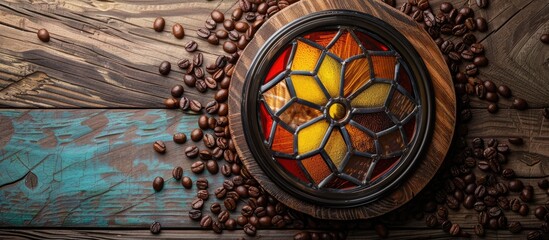 Leinwandbilder - Coffee stained glass rests on a wooden table surrounded by scattered coffee beans offering copy space for an image