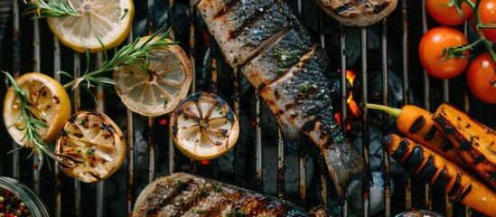 Poster - Close up of grilled meat fish and vegetables on a charcoal grill representing organic diet vegan and vegetarian food promoting a healthy lifestyle concept with copy space image