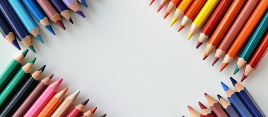 Aufkleber - Colorful pencils and school supplies arranged in a frame on a white background with room for text or images. Creative banner. Copyspace image