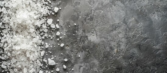 Poster - Top down view of mineral bath salt on a grey background with ample copy space for text or images