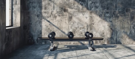 Wall Mural - Create a welcoming gym ambiance with dumbbells and a spacious interior Add a black bench for seating and display your products against a blank backdrop in the copy space image