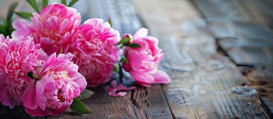 Poster - Close up pink peonies on a wooden table provide a stunning copy space image
