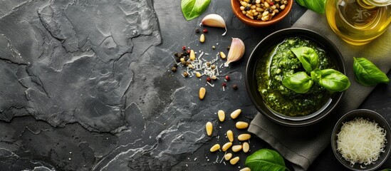 Aufkleber - Cooking pesto sauce with basil olive oil parmesan garlic and pine nuts on a dark stone table with copy space image
