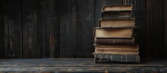 Poster - Books stacked neatly on a dark wooden surface with a black backdrop creating a clear space for inserting an image. Creative banner. Copyspace image