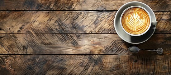 Poster - An artistic latte in a coffee cup on a rustic wooden surface with space for additional image content