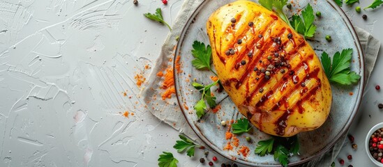 Aufkleber - Baked potato with flavorful sauce spices on a light background ideal for a copy space image