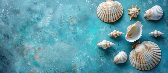 Aufkleber - Abstract top view composition featuring seashells against a textured blue background with copy space image
