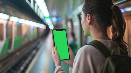 woman holding showing smartphone with green screen in blurred subway train, perfect for showcasing apps and mobile technology, vertical phone orientation, travel and navigation