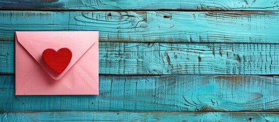 Wall Mural - Composition for Valentine s Day birthdays weddings or other occasions A pink envelope with a red heart on a blue wooden backdrop offering copy space for text in a flat lay