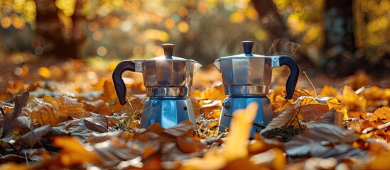 Fototapete - Coffee pots surrounded by autumn leaves outdoors copy space image