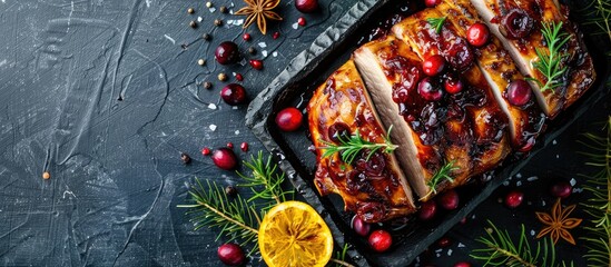 Poster - Top down view of cranberry and orange glazed pork on a dark kitchen table with copy space for an image