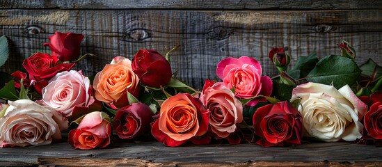 Sticker - Assorted roses displayed on a rustic wooden backdrop with copy space image available