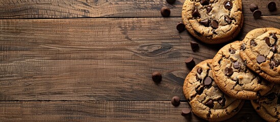 Poster - Close up of delicious chocolate chip cookies on a wooden surface with a background suitable for adding text or images ideal for a copy space image