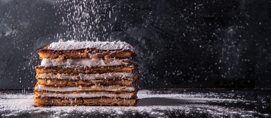 Poster - Beckit baked on a black backdrop with a mix of dark and light layers adorned with powdered sugar creating a visually striking image with ample copy space