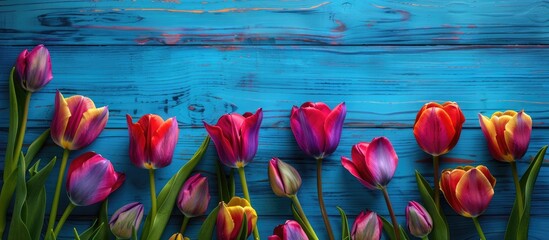 Poster - Blue wooden background makes a stunning backdrop for the beautiful tulips leaving ample copy space image