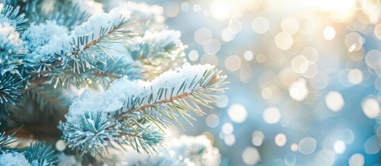 Leinwandbilder - A close up image shows untouched soft white snow billowing on a green pine tree during cold winter weather with copy space image
