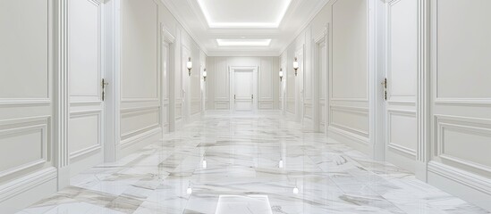 Poster - An apartment corridor with white walled doors and a marble floor providing a clean and elegant look with copy space image