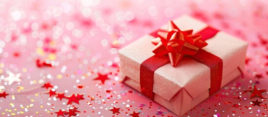 Poster - Close up of a gift box on a pink background with a red bow and star shaped confetti allowing space for additional images