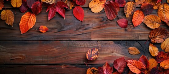 Aufkleber - Autumn leaves in vibrant shades decorate a wooden backdrop perfect for a copy space image