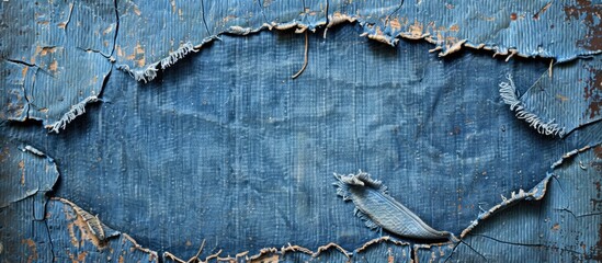 Canvas Print - Close up shot of a torn blue denim frame with a detailed texture perfect for a copy space image