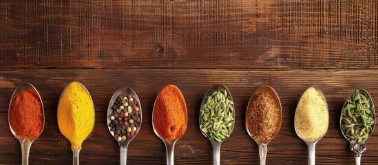 Poster - Colorful spices in spoons arranged on a wooden table with copy space image