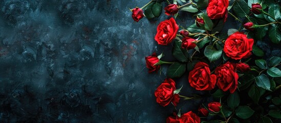 Aufkleber - A cluster of vibrant red roses set against a dark backdrop ideal for a copy space image