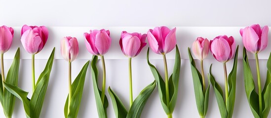 Sticker - Close up image of pink tulips with a white banner isolated on a white background providing copy space for various concepts like holidays and floral themes