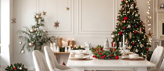 Christmas decorated dining room in minimalist home interior setting with copy space image available