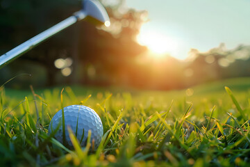 Sticker - Blurred golf club and golf ball close up in grass field with sunset. Golf ball close up in golf coures at Thailand