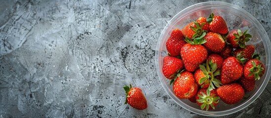 Sticker - Close up of freshly harvested strawberries in a plastic bucket against a concrete backdrop with room for text or images. Creative banner. Copyspace image