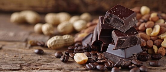 Poster - Close up shot of dark chocolate cubes coffee beans peanuts and raisins on a wooden table with selective focus ideal for copy space image