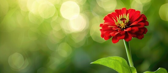 Aufkleber - Close up view of a vibrant red Zinnia flower in focus against a blurry green backdrop perfect for a copy space image Zinnia belongs to the sunflower tribe in the daisy family ideal for nature themed
