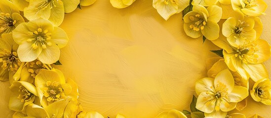 Aufkleber - A circular wreath composed of yellow hellebore blooms on a yellow backdrop A top down view of a floral template with space for text or images. Creative banner. Copyspace image