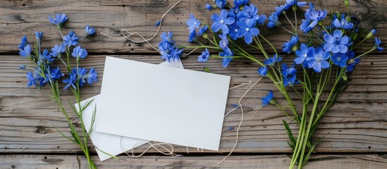 Aufkleber - Creative design with blue wildflowers on rustic wood with blank white greeting card and envelope for copy space image