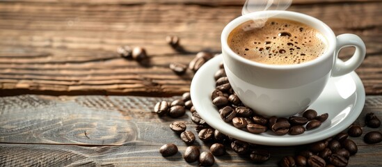 Poster - A cup of coffee with beans on a wooden background is shown in this copy space image which does not include any smoke