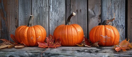 Aufkleber - Autumn themed composition with three pumpkins numerous dry leaves on a rustic wooden backdrop ideal for fall concepts featuring selective focus and room for text a perfect copy space image
