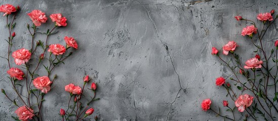 Poster - Panoramic image featuring a concrete backdrop with a wooden border and pink carnations at the center in a copy space image